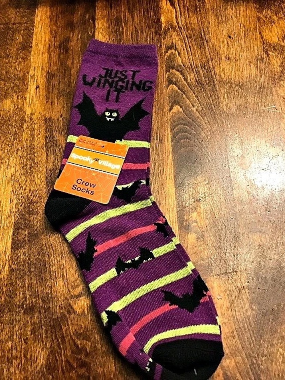 Spooky Village Just Winging It Bat Print Crew Socks Purple & Black